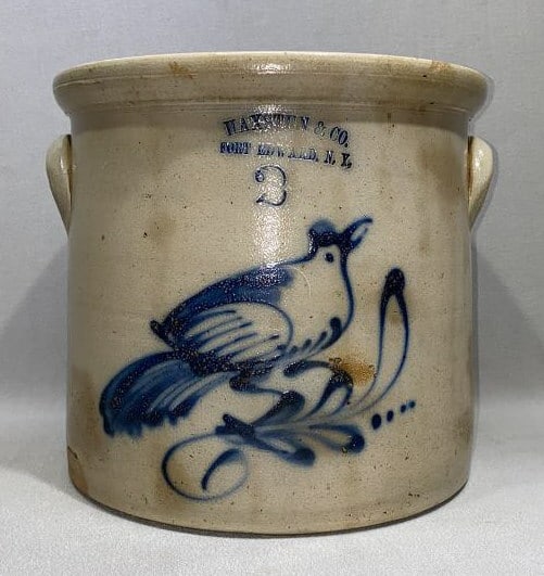 2 GAL. HAXSTUN & CO. NY BLUE BIRD STONEWARE CROCK (1 of 7)