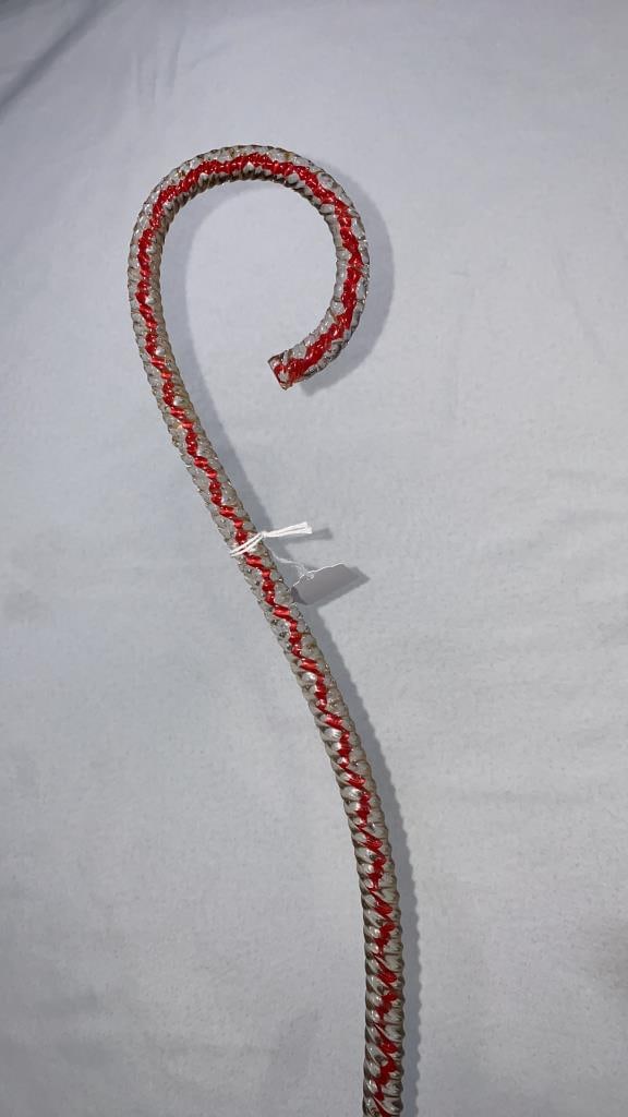 ANTIQUE RED & CLEAR TWISTED PARADE CANE: 36" LONG ~ A LITTLE ROUGH EDGE ON THE HANDLE OF THE CANE AND APPEARS TO ME IN THE MAKING ~ PLEASE SEE PHOTOS