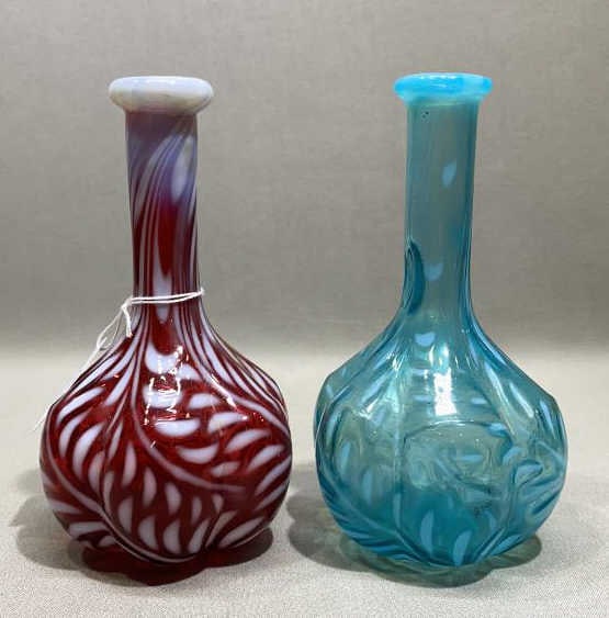 1 BLUE & 1 RED OPALESCENT BARBER BOTTLES (1 of 3)