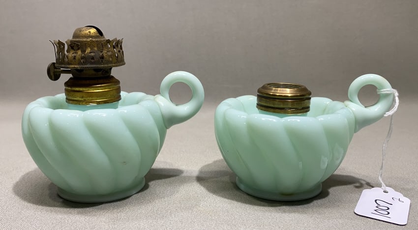 2 ANTIQUE OIL FINGER LAMPS: ~