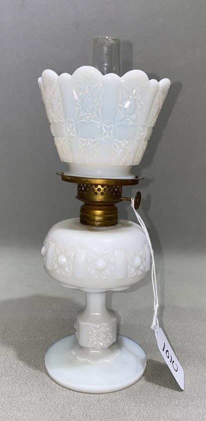 ANTIQUE MILK GLASS MINI OIL LAMP: ~