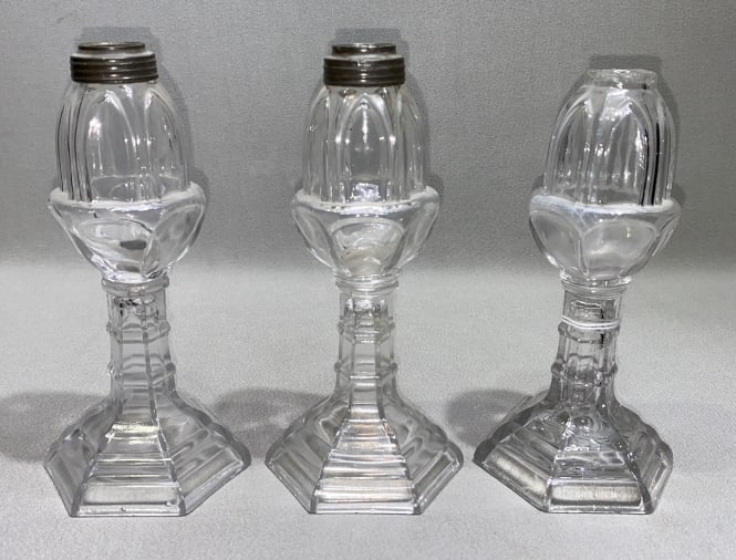 SET OF 3 ANTIQUE CLEAR GLASS OIL LAMPS: ~