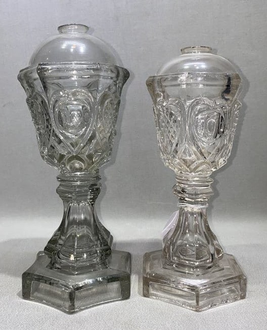 2 ANTIQUE WHALE OIL LAMPS: SAME PATTERN BUT DIFFERENT SIZES