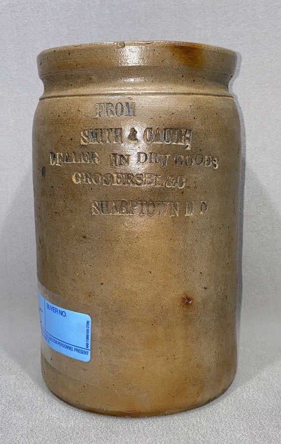 SMITH & CAULK SHARPTOWN MD STORE CROCK: SMALL CRACK ON INSIDE LIP THAT WAS PART OF THE MAKING OF THE PIECE