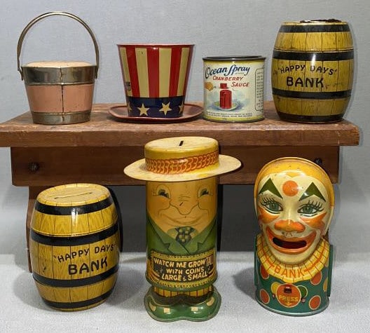 7 VARIOUS TIN BANKS (1 of 6)