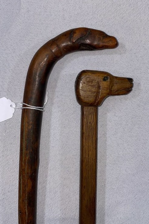 2 CARVED DOG HEAD WALKING STICKS (1 of 3)