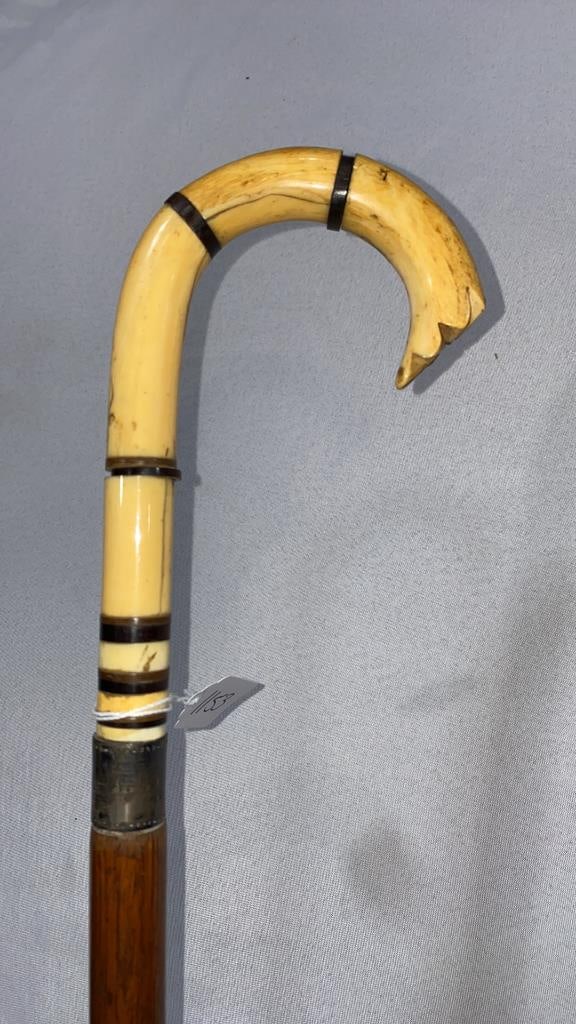 JAMES A WILLS OCT.12,1875 SIGNED WALKING STICK: SILVER & CARVED BONE STICK