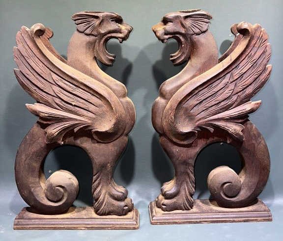 PAIR OF WOODEN CARVED WINGED GRIFFINS (1 of 4)