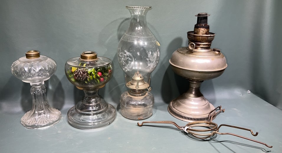 4 VARIOUS ANTIQUE OIL LAMPS: ~