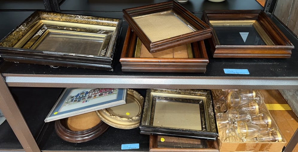 LARGE LOT OF ANTIQUE FRAMES & STEMWARE: 2 SHELVES LOT