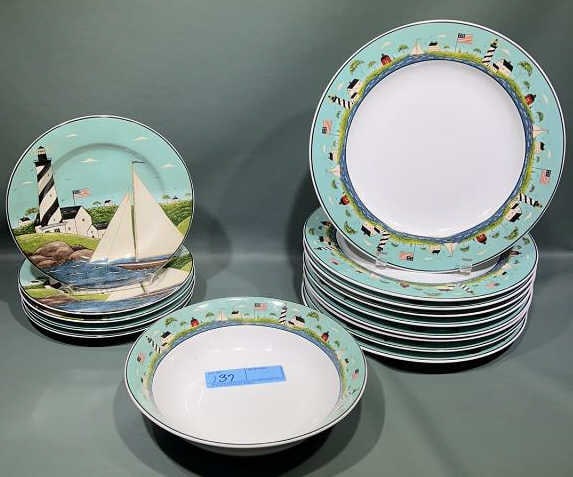 WARREN KIMBLE "COASTAL BREEZE" DISHES: 9 DINNER PLATES 10 3/4" - 1SERVING BOWL 9 1/2" - 5 PLATES 8 1/4"