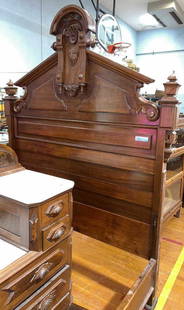 ANTIQUE CARVED WALNUT VICTORIAN BED: ~