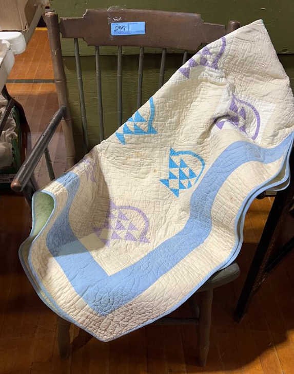 ANTIQUE BAMBOO WINDSOR ARMCHAIR & ANT QUILT: ~