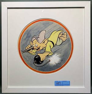 "DOPEY" WALT DISNEY SNOW WHITE WATERCOLOR: THIS WAS GIVEN AS A GIFT TO THE GRANDFATHER OF THE CONSIGNOR BETWEEN 1939-42 AND HE WAS THE CHIEF OF NAVAL OPERATIONS.