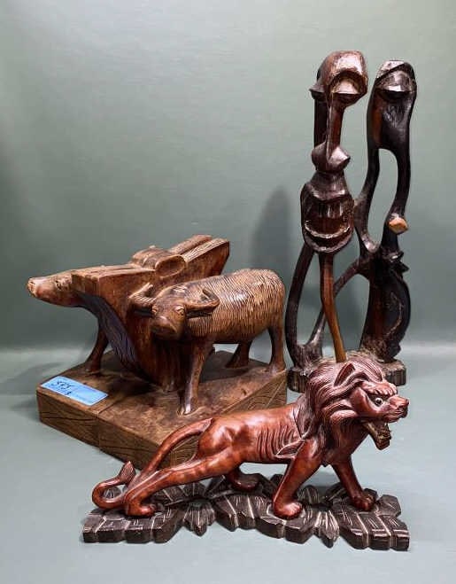 CARVED WOOD BOOKENDS & 2 CARVINGS: ~