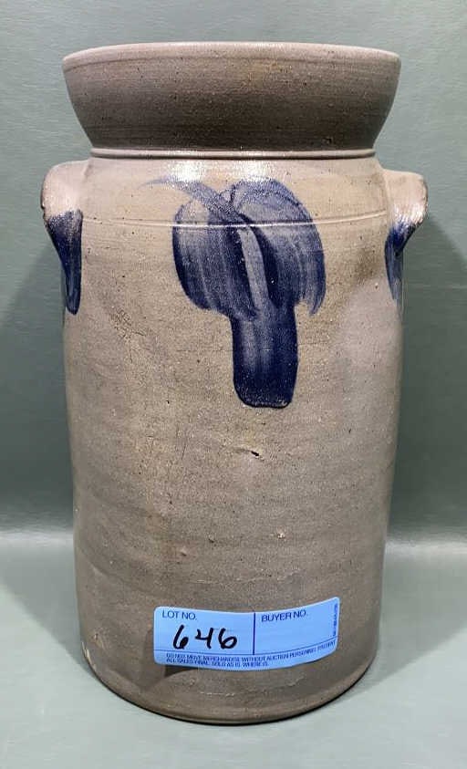 BLUE DECORATED STONEWARE CHURN CROCK (1 of 6)