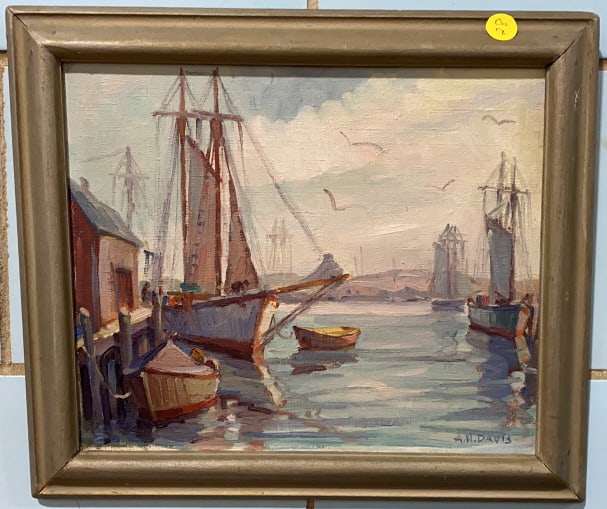 A.N. DAVIS OIL ON BOARD OF HARBOR SCENE (1 of 3)