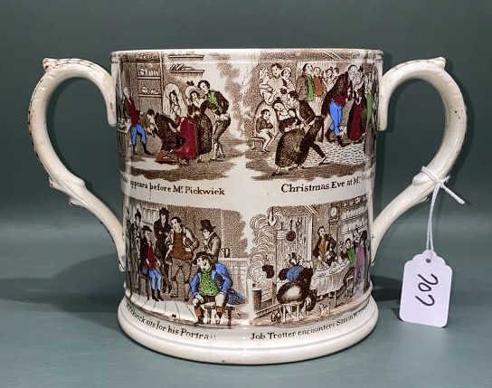 ANTIQUE TRANSFER "PICKWICK" DOUBLE HANDLE MUG: 6 1/4" HIGH