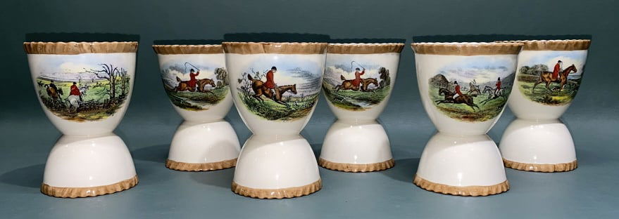 6 COPELAND SPODE HUNT SCENE EGG CUPS: W/ BROWN BORDERS