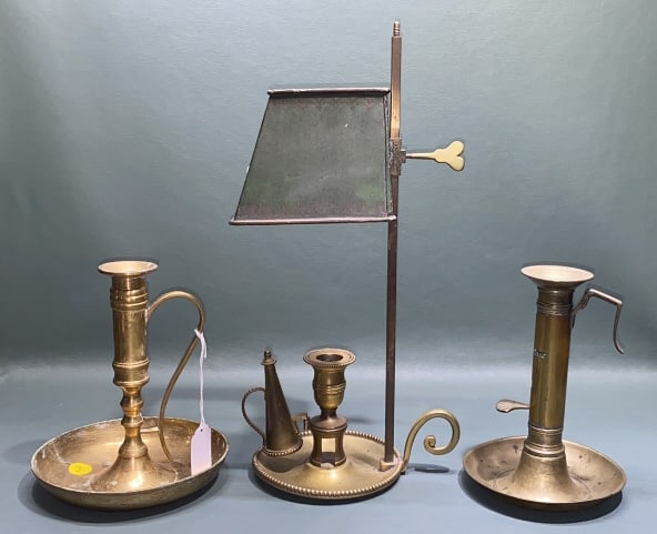 3 ANTIQUE BRASS CANDLESTICKS: ~