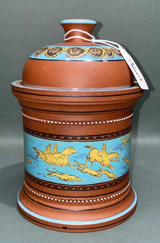 ENGLISH POTTERY TOBACCO JAR W/ HUNT SCENE (1 of 5)