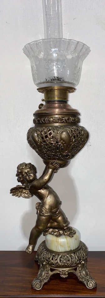LARGE ANTIQUE BANQUET LAMPS W/ CUPID FIGURE (1 of 6)