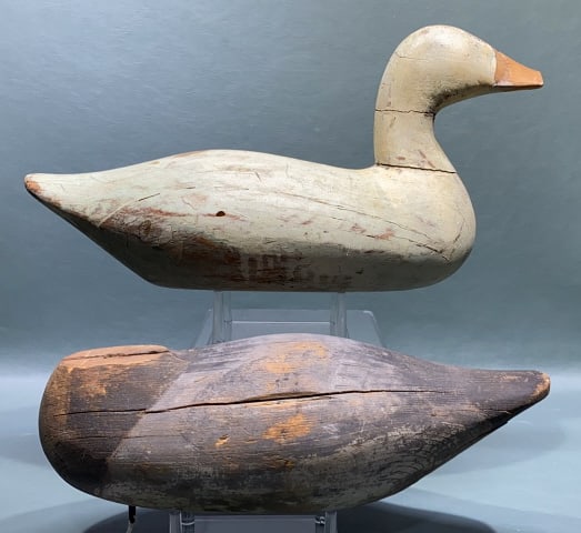 2 BOB MCGAW DECOYS: BOTH HAVE ISSUES ~ ONE IS ORIGINAL PAINT AND MISSING THE HEAD, THE OTHER IS MISSING 1/2 THE BILL(OR COULD IT BE A SEAGULL) - LOOKS LIKE IT WAS BEING PREPARED FOR BILL REPAIR