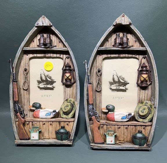 2 BOAT SHAPED HUNTING PICTURE FRAMES: ~