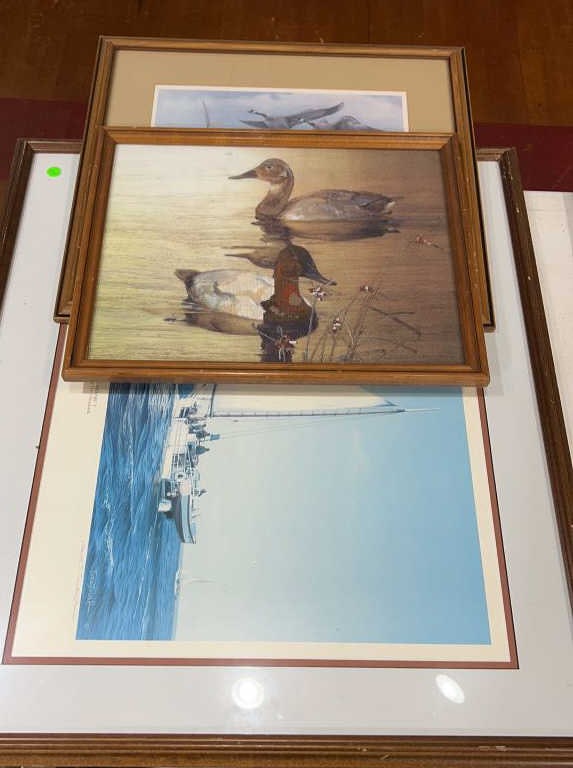 2 LARGE PRINTS & CROSS STITCHED DUCK PICTURE: GOOSE PRINT BY ARTHUR R. EAKIN, "THE MINNIE V WORKING THE CHOPTANK" BY DAVID T. TURNBAUGH