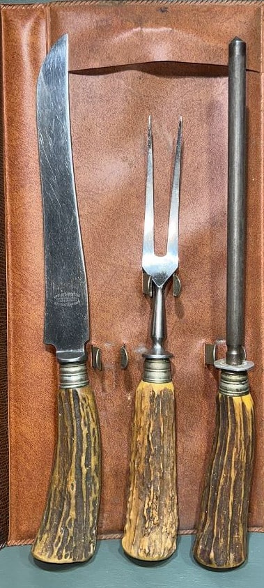 BROWN & BIGELOW GERMANY CARVING SET & 3 PRINTS: CARVING SET W/ GENUINE STAG HANDLE ~ DECOYS BY JIM PIERCE PRINT , CHARLIE JOINER PRINT 1088, CAPT BILL COLLINS PRINT