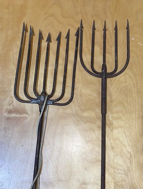 2 FROG FISHING GIGS W/METAL HANDLES: ~