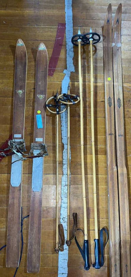 WOODEN CHILDS SKIS & ADULT SKIS W/POLES: CHILD'S SET #1560 SPORTHAUS SCHAEFER WIESBADEN ~ ADULT SET BIRKE BEINER MADE BY MADSHUS MADE IN NORWAY
