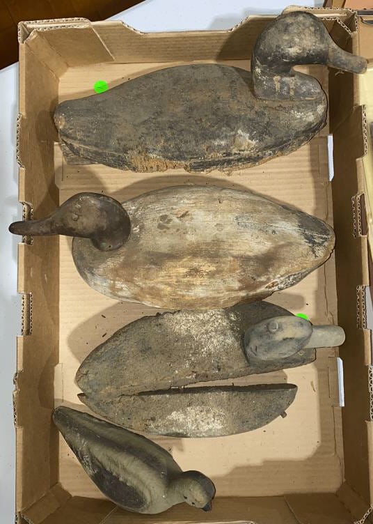 3 UNPAINTED DUCK DECOYS & DOVE DECOY: ALL IN ROUGH CONDITION ~ PLEASE SEE PHOTOS