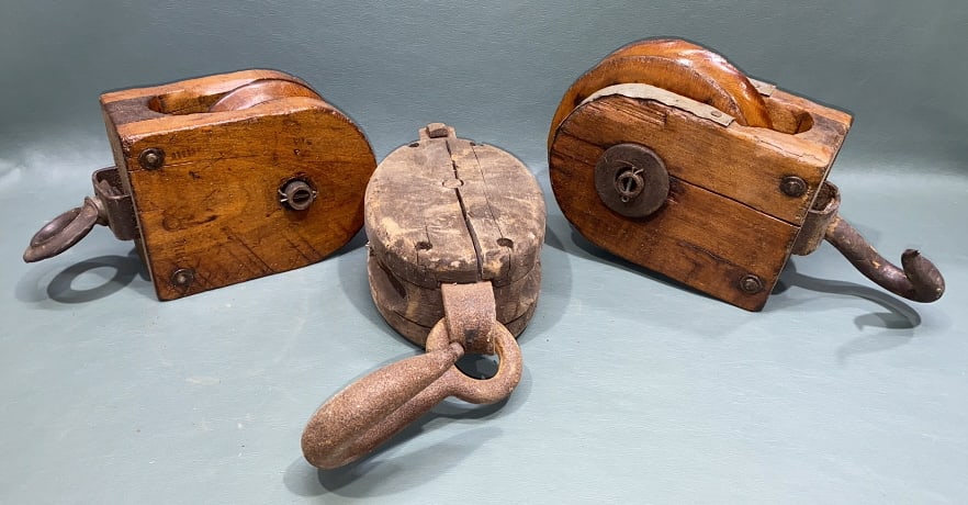 3 WOODEN PULLEYS: ~