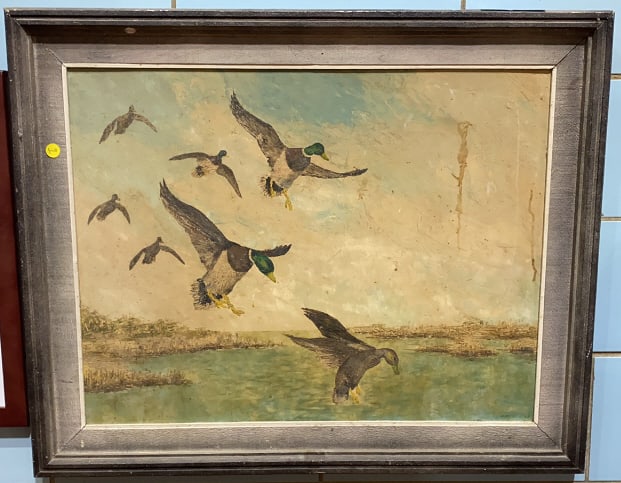J. SPENCER DUCK PAINTING ON HARDBOARD: ~