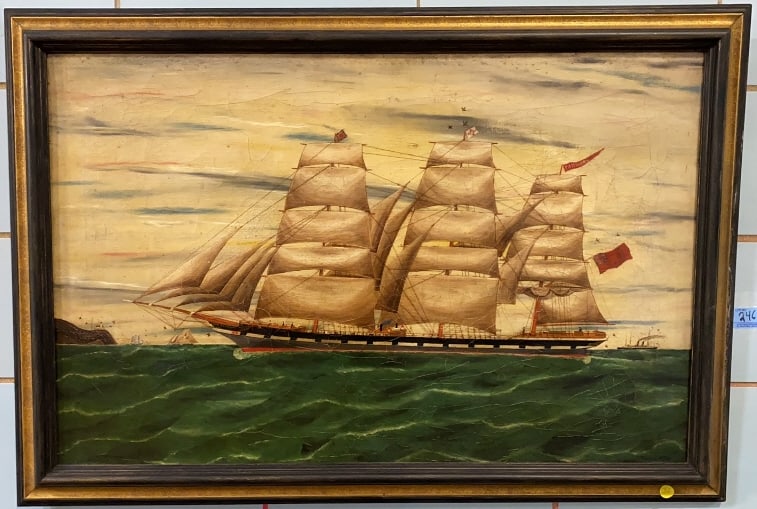 OIL ON CANVAS OF A SAILING SHIP: CANVAS IS 34" WIDE X 22" HIGH