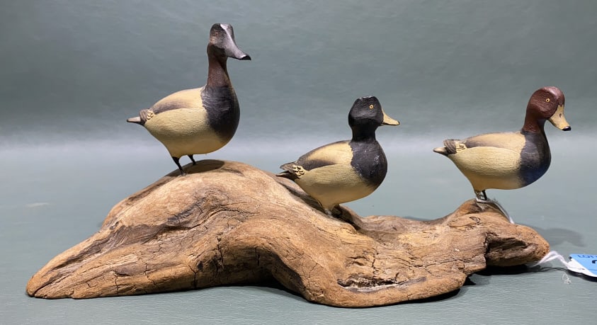 ALLAN SCHAUBER MINIATURES ON DRIFTWOOD ~ 1977: SET OF 3 MINIATURE DUCKS ON DRIFTWOOD