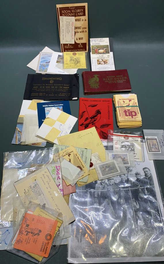LOT OF SPORTING GOODS EPHEMERA: DUCK STAMPS, HUNTING LICENSES, BIRD GUIDE