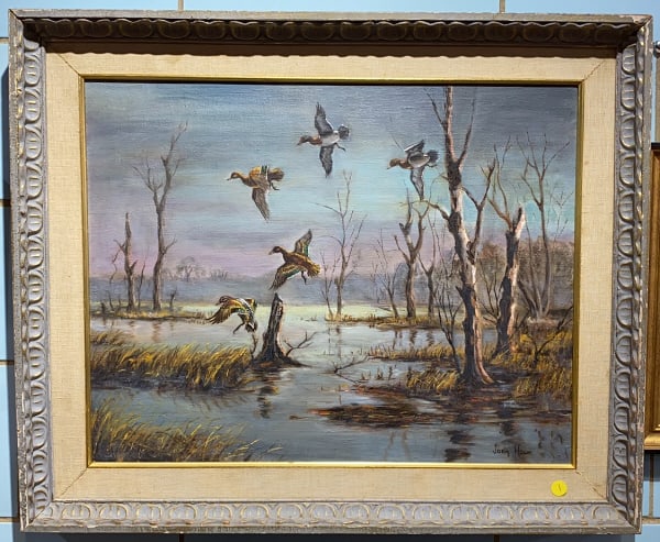 JOAN HOWE OIL ON CANVAS OF DUCKS: ~