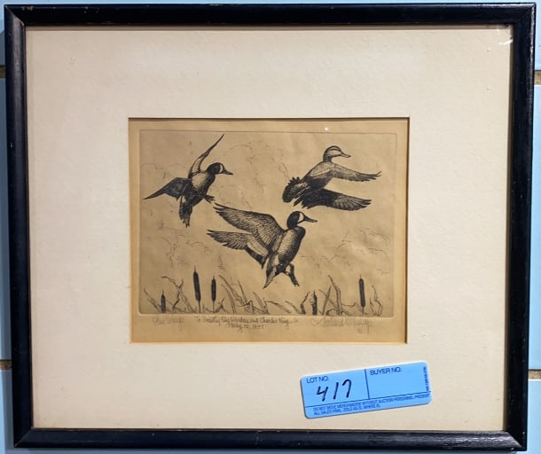 RICHARD BISHOP ETCHING OF BLUE-WING TEALS: ~