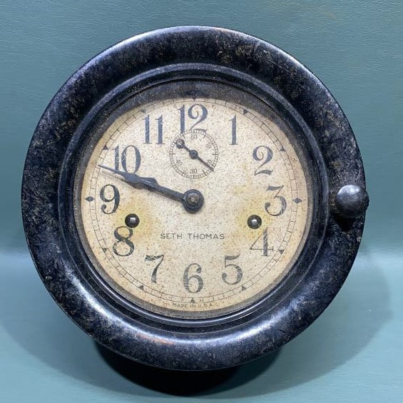 BLACK LUCITE SETH THOMAS SHIP CLOCK: ~