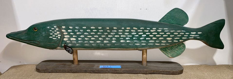 JIMMY WRIGHT CARVED PIKE ON STAND: ~