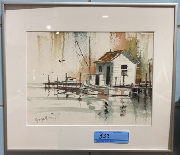WILLIE CROCKETT WATERCOLOR OF HARBOR SCENE: BY CROCKETT 1989