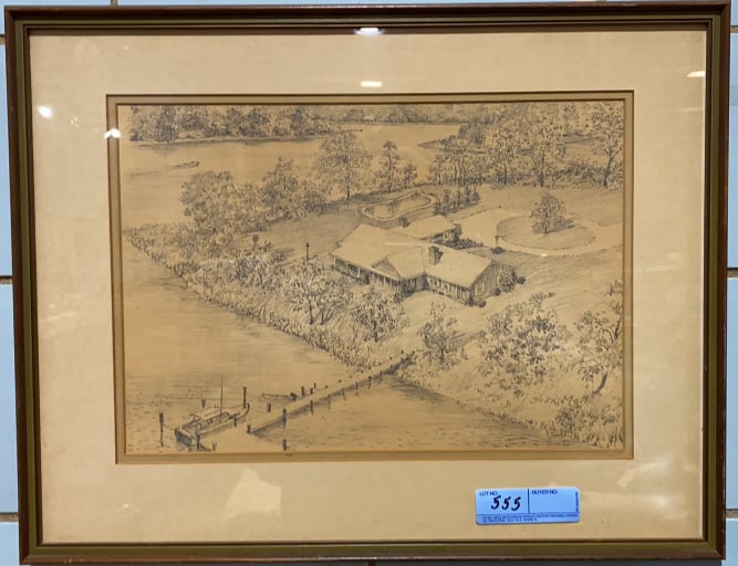 JOHN MOLL ETCHING OF A WATERFRONT HOME: POSSIBLY A DRAWING