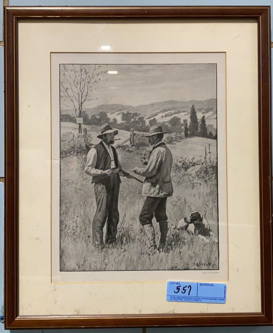 A.B. FROST PRINT OF 2 HUNTERS & DOG: ~
