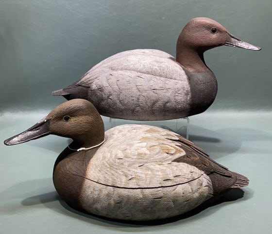 PAIR HOLLOWBODY DECORATIVE CANVASBACK DECOYS: SIGNED JFR SCOTT - THE DRAKE WAS NEVER PUT BACK TOGETHER AFTER HOLLOWING