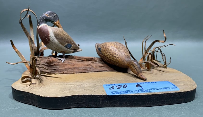 PAIR MINIATURE MALLARDS ON STAND: ~
