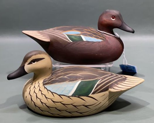 PAIR BARRY FUCHS MINI CINNAMON TEAL DECOYS: ~