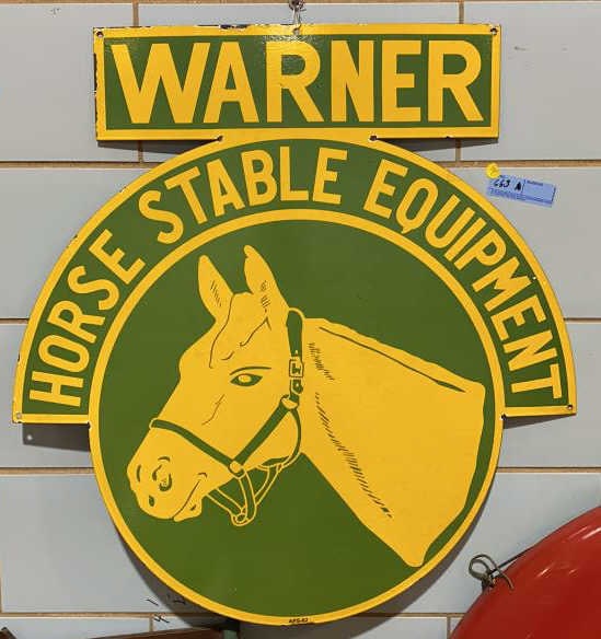 WARNER HORSE STABLE EQUIPMENT PORCELAIN SIGN: 29" WIDE X 30" HIGH