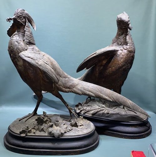 PAIR P. COMOLERA SPELTER LIFE SIZE PHEASANT: LARGE SPELTER STATUES